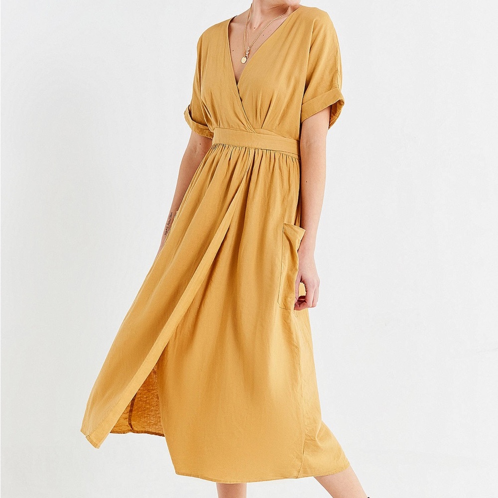 Urban Outfitters Gabrielle Yellow Linen Wrap Dress, Size XS